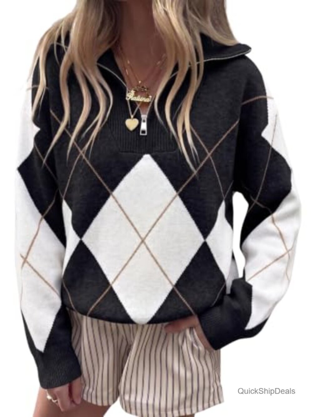 Womens Quarter Zip Argyle Knit Pullover Sweater Loose Fit
